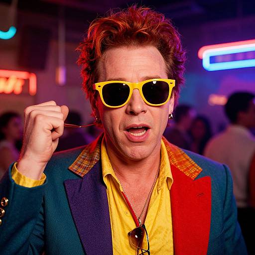 Photograph of a man with curly red hair, wearing yellow sunglasses, multicolored suit, yellow shirt, and holding a fork, in a neon