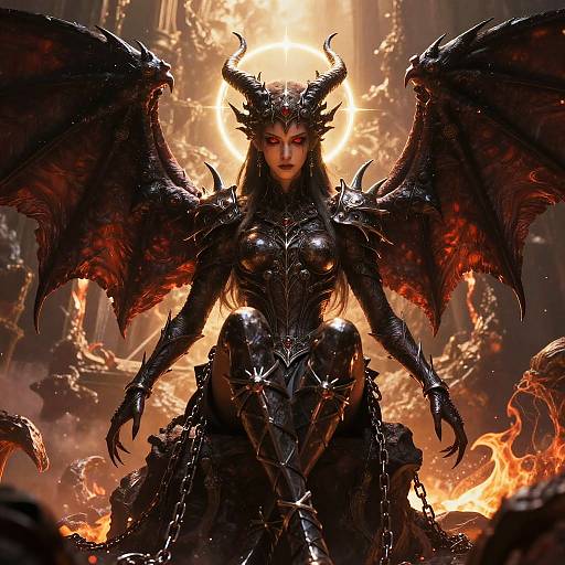 Digital artwork of a dark, demonic woman with black armor, horns, and wings, standing amidst fiery ruins with a radiant sun behind her.