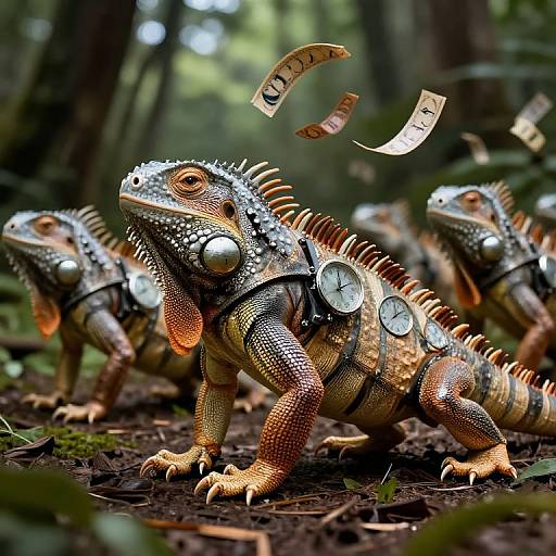 Photograph of three iguanas in a forest, adorned with clock faces and dollar bills floating above them, blending realistic and surreal elements.