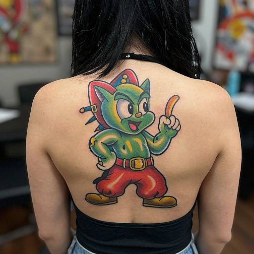 Photograph of a woman with long black hair, showing her back, featuring a colorful, cartoonish green goblin tattoo with red pants and an orange