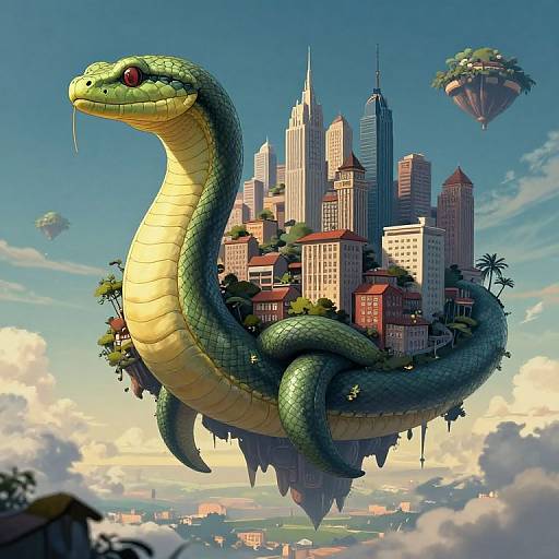 Digital illustration: A giant green snake with yellow underbelly coils around a floating cityscape with skyscrapers, surrounded by floating islands and hot air