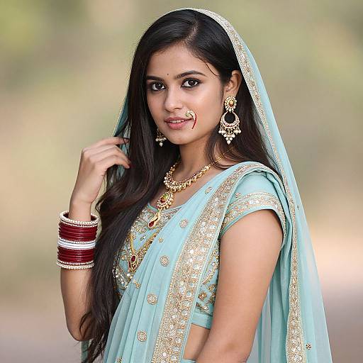 Photograph of an Indian woman with long black hair, wearing a light blue embroidered saree, gold jewelry, and red bangles, posing outdoors.