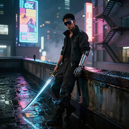 Cyberpunk Samurai Neon Rooftop Scene