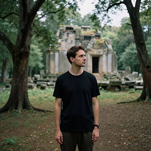 Photograph of a young man in a black shirt standing in a forest, gazing at an ancient, weathered stone building in the background.