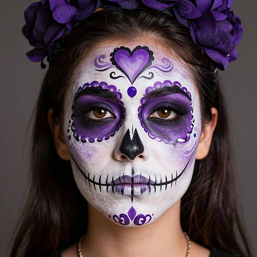 Photograph of a woman with white face paint, purple sugar skull makeup, dark eyes, purple heart on forehead, black nose, and flower crown,