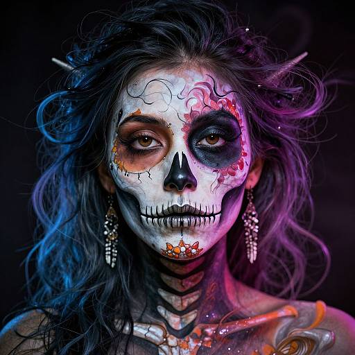Photograph of a woman with Day of the Dead face paint, featuring a skeletal white face, colorful cracks, and dark eye sockets, against a black