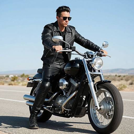 Photograph of a handsome, dark-haired man in black leather jacket and pants, riding a chrome motorcycle on a sunny, desert road.