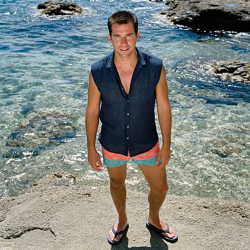 Photograph of a smiling, muscular man with short brown hair, wearing a sleeveless dark blue shirt, orange and blue swim trunks, and black