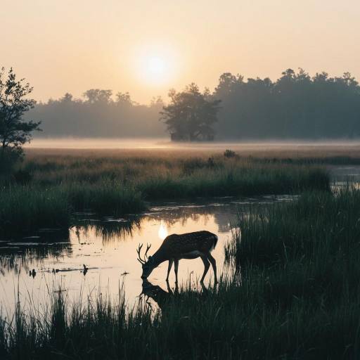 Serene Sunset: Deer in Foggy Wetland Serene Sunset: Deer in Foggy Wetland