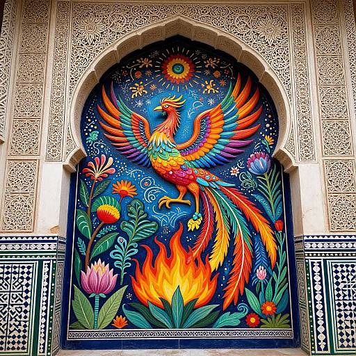 Vibrant, colorful, intricate mosaic of a phoenix with outstretched wings, surrounded by flowers and stars, set in a detailed, ornate