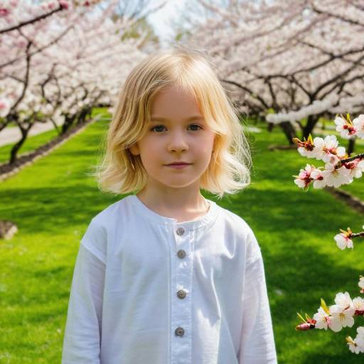 Blonde Child in Cherry Blossom Garden