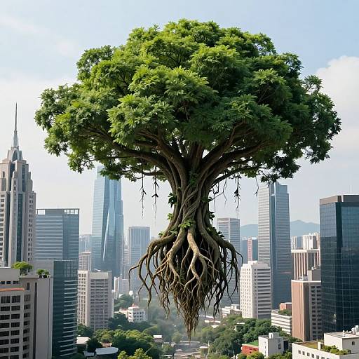 Digital artwork of a massive, tree with sprawling roots, hovering above a cityscape of skyscrapers and modern buildings.