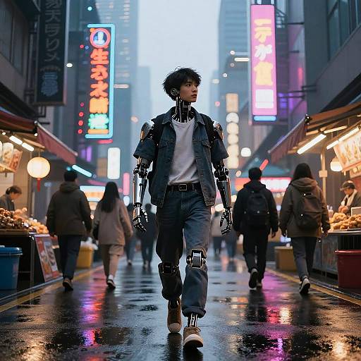 Cyborg man with mechanical arms and legs walks through a neon-lit, rainy urban market street, surrounded by shoppers and colorful signs. Digital art.