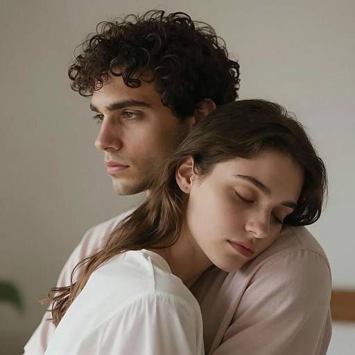 Couple Embracing with Intense and Calm Expressions