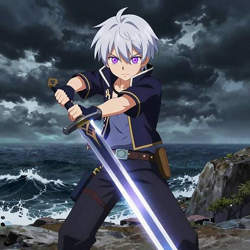 Anime-style digital artwork of a white-haired, purple-eyed young man with a black outfit, gripping a glowing sword, standing on a rocky shoreline under a