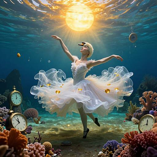 Underwater photograph of a ballerina in a white, ethereal tutu with floating fish, surrounded by coral and clocks, bathed in sunlight