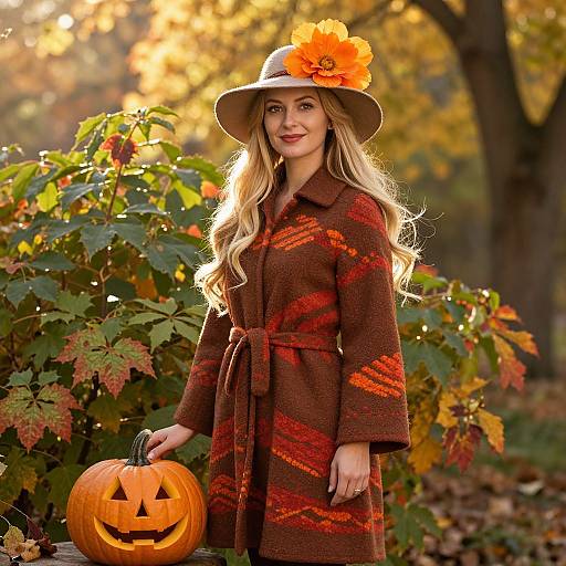 Whimsical Woman in Cozy Autumn