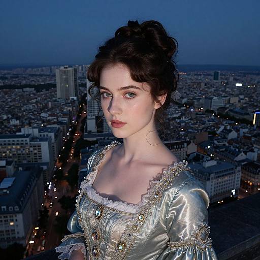 Photograph of a pale-skinned woman with dark hair in an updo, wearing a shiny, silver, Victorian-style dress with lace, against a
