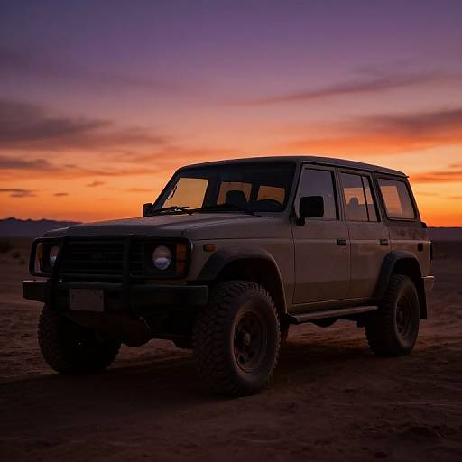 Photograph of a rugged, dark-colored SUV silhouetted against a vibrant sunset sky with orange, purple, and pink hues over a desert landscape