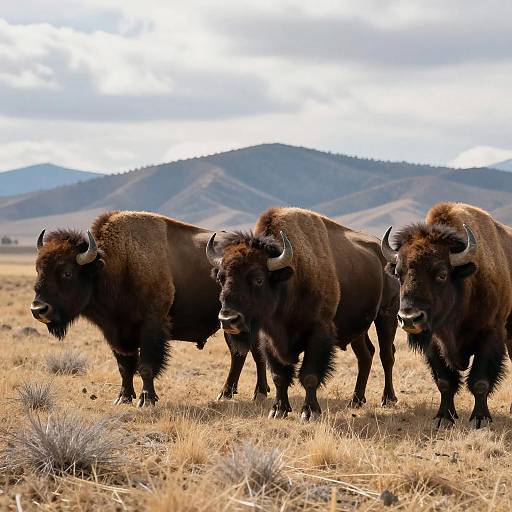 Bison Herd Against Mountain Backdrop