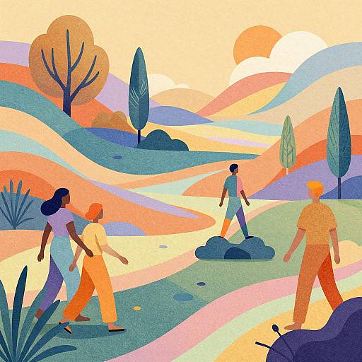 Colorful illustration of four diverse people walking in a stylized, abstract, sunset landscape with rolling hills, trees, and vibrant pastels.