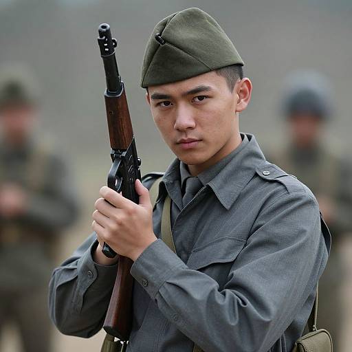 Photograph of a serious young Asian male soldier in a green cap and gray uniform, holding a rifle, with blurred background soldiers.