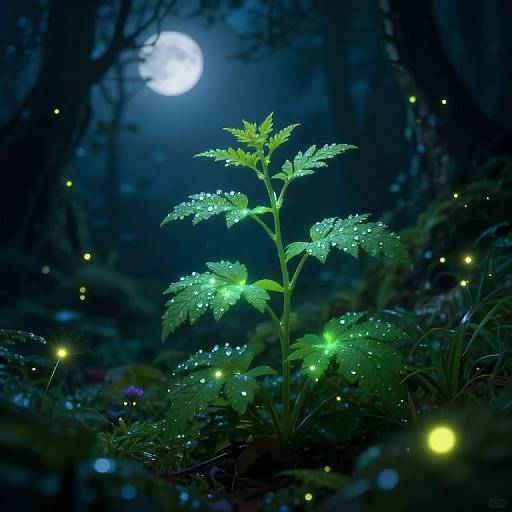 Photograph of a glowing, dew-covered plant under a full moon in a dark forest, surrounded by ethereal, floating yellow fireflies.