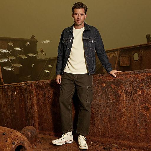 Photograph of a bearded man with short dark hair, wearing a denim jacket, white t-shirt, black pants, and white sneakers, standing against