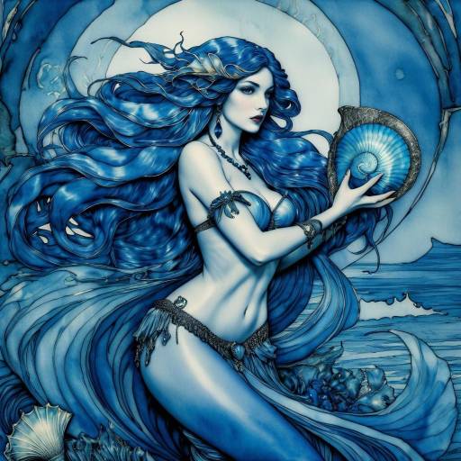 Fantasy Mermaid with Flowing Blue Hair
