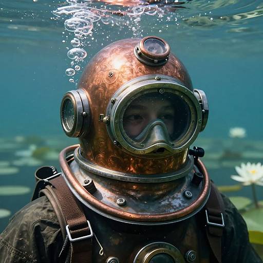 Photograph of a person underwater wearing a copper scuba helmet with goggles, breathing apparatus, and black wetsuit, surrounded by bubbles and aquatic plants