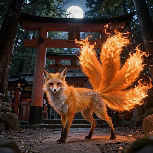 Photograph of a vibrant fox with fiery, multi-tailed flames standing before a traditional Japanese torii gate under a full moon.