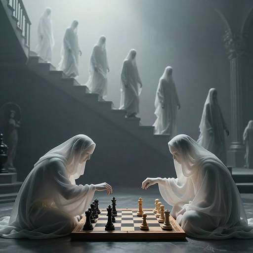 Two ghostly, hooded figures play chess in a dimly lit, mystical hall with ethereal, white-robed figures on stairs in the background