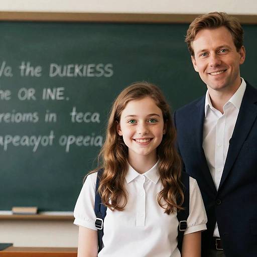 Photograph of a smiling adult man and young girl in school uniforms, standing in front of a chalkboard with partially visible text.