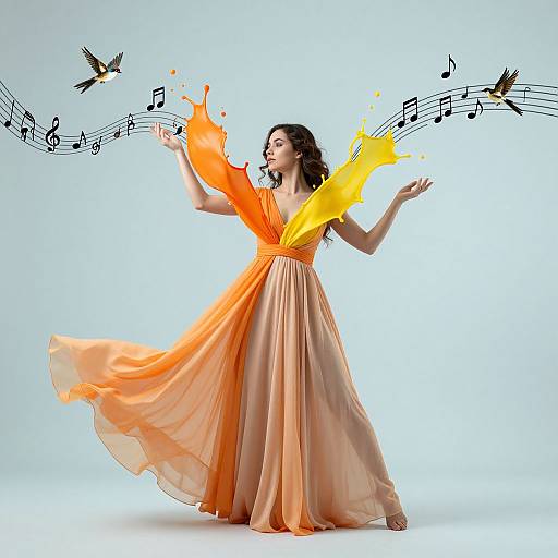 Photograph of a woman in an orange and yellow flowing dress, dancing with musical notes and birds around her against a white background.