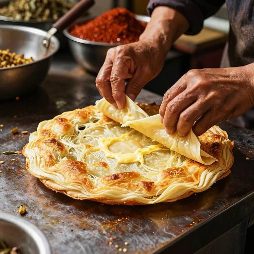 Close-Up of Skillful Prata Folding