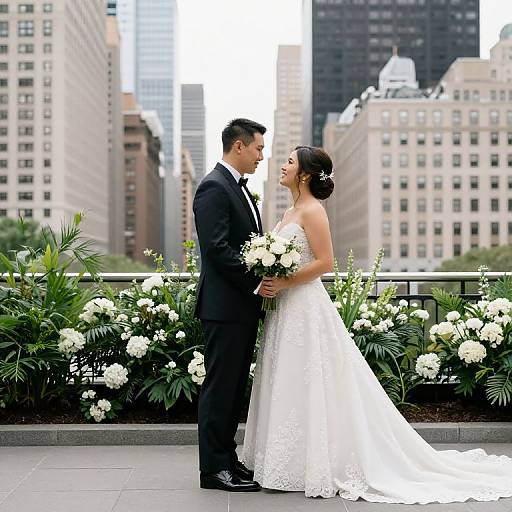 Photograph of a bride in a white lace wedding dress and groom in a black suit, standing on a rooftop with cityscape, holding white flowers,