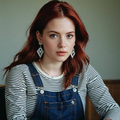 Redhead Woman in Striped Shirt and Denim Overalls