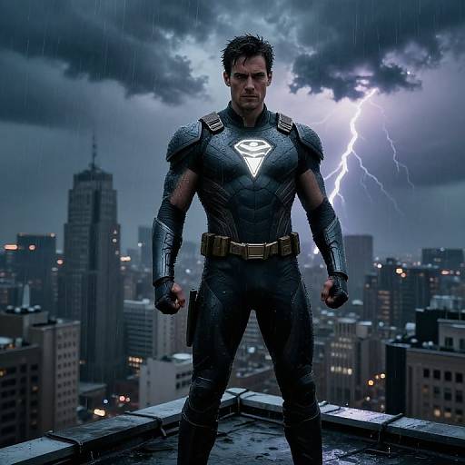 Superhero on Rooftop in Storm