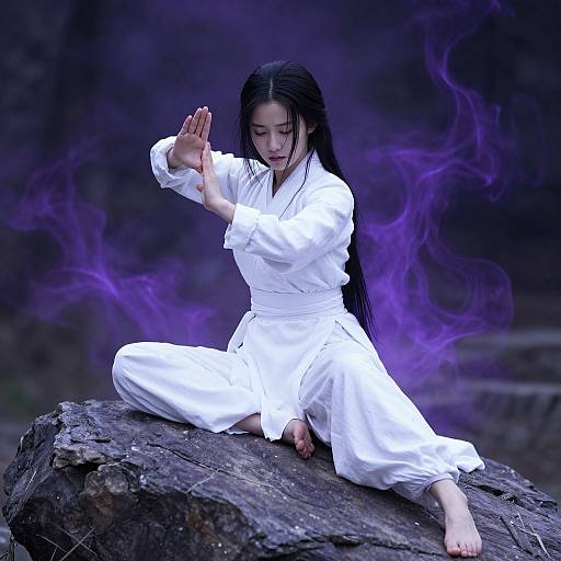 Photograph of an Asian woman with long black hair, wearing a white karate gi, sitting on a rock, performing a martial arts stance, surrounded