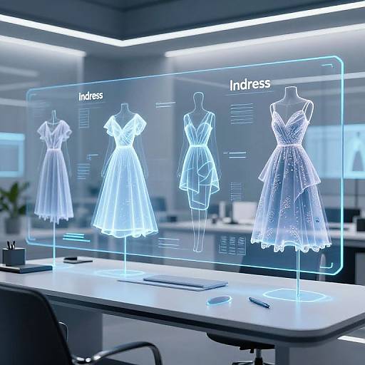 Digital display of four glowing, neon-blue dress designs on mannequins, labeled 