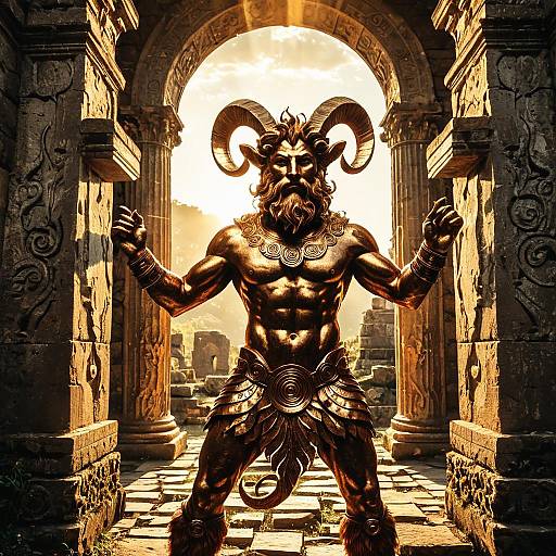 Copper Satyr Statue in Ancient Ruins