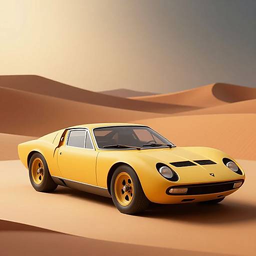 Photorealistic digital rendering of a bright yellow, classic sports car with sleek design, black accents, and yellow wheels, parked in a desert with rolling