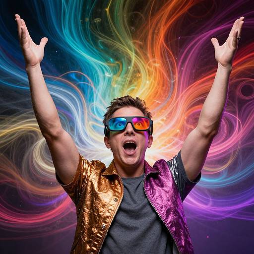Photograph of a young man with short brown hair, wearing colorful 3D glasses, a shiny gold and pink jacket, and raising both arms excited
