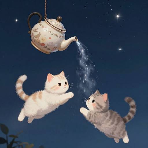 Digital illustration of two fluffy kittens, one white and one gray, leaping under a floral teapot pouring water against a starry night sky.