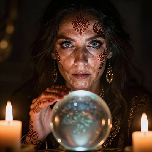 Photograph of a woman with dark hair, blue eyes, and intricate henna designs on her face, holding a crystal orb, illuminated by candlelight