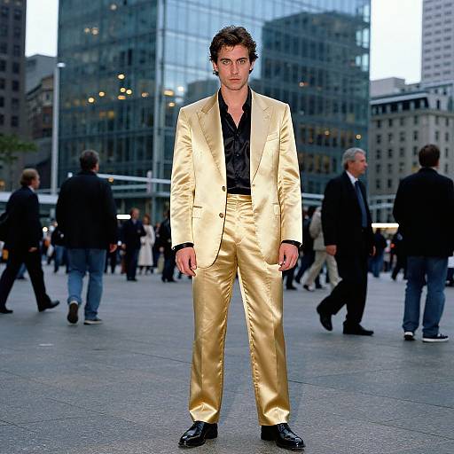 Photograph of a young man with curly brown hair, wearing a shiny gold suit, black shirt, and black shoes, standing in a bustling urban plaza