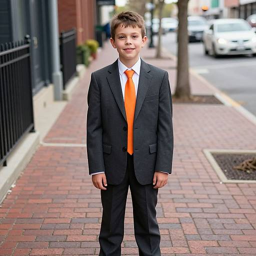 Photograph of a young boy with short brown hair, wearing a black suit and bright orange tie, standing on a brick-paved urban sidewalk with blurred