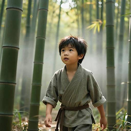 Young Asian boy with black hair, wearing a greenish-gray martial arts gi, walks through a sunlit bamboo forest, surrounded by tall green bamboo stalk