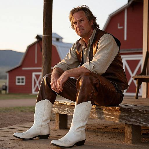 Photograph of a rugged, middle-aged man with disheveled brown hair, wearing a brown vest, white shirt, brown pants, and white cowboy