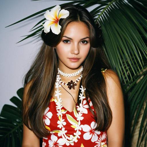 Young Woman in Hawaiian Dress with Floral Accessories